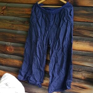 Flax Wide Leg Linen Pants Drawstring Waist Navy Blue sz L
